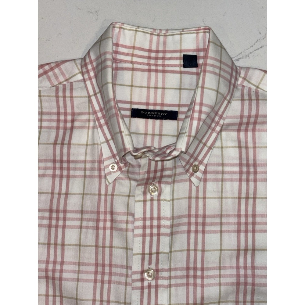 Burberry London Plaid Button Up Dress Shirt White Pink Beige Mens Large USA Made